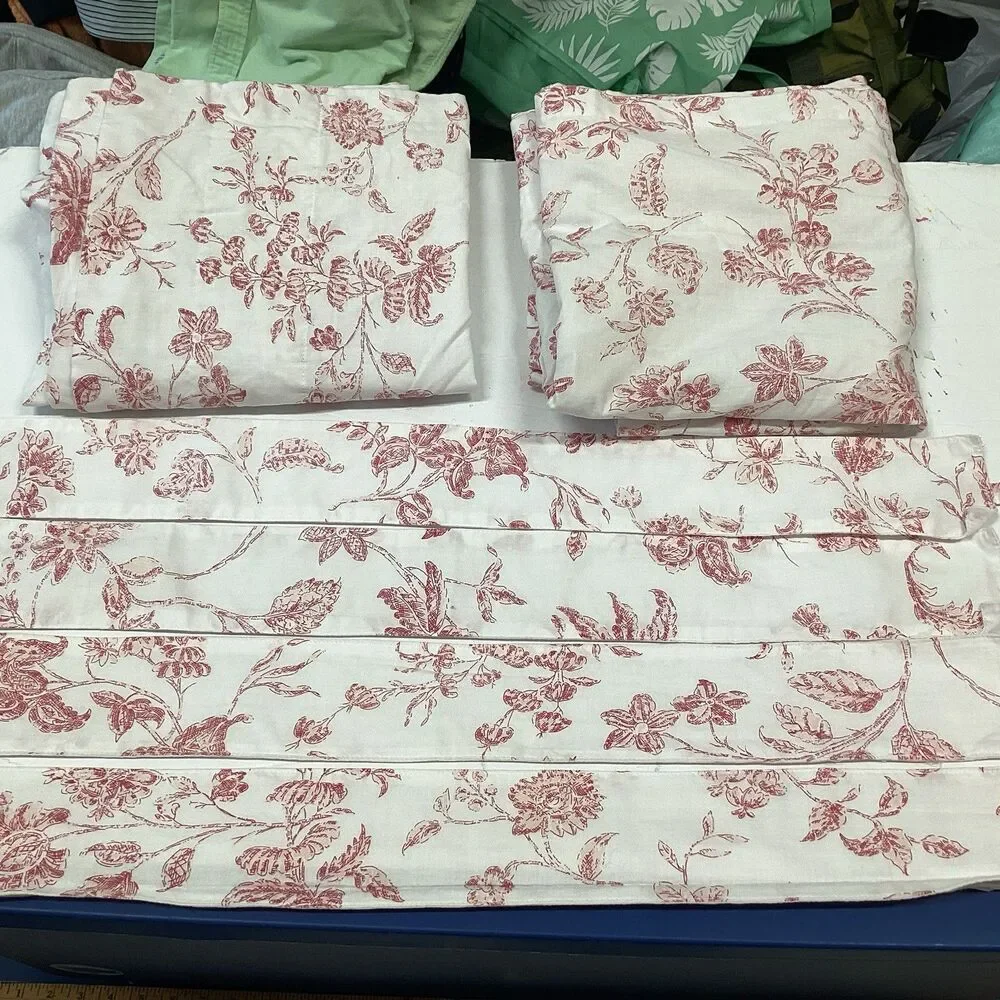 valance 80W”x20L” garnett red cotton tier curtain floral botanical 4 tie backs